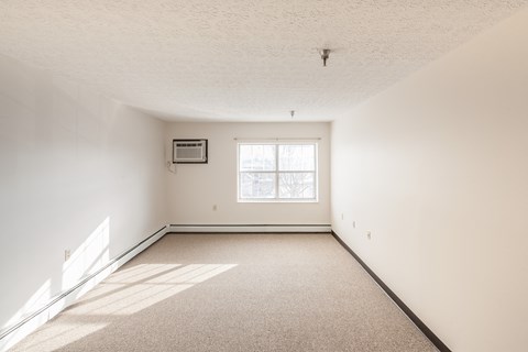 A room with a window and a carpeted floor.