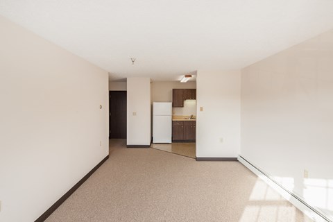 A spacious room with a kitchen area in the background.