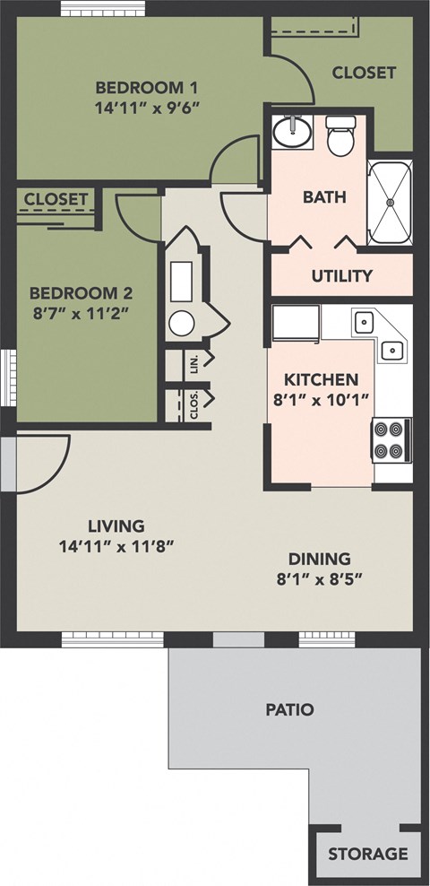 2 Bedroom, 1 Bath
