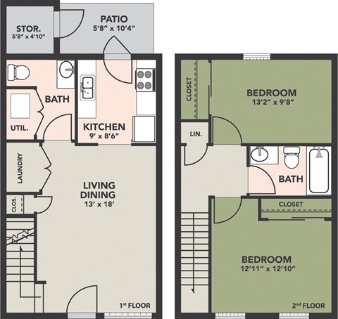 Floorplan 2BR, 1-1/2BA, TH (2A)