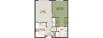 1 Bedroom, 1 Bath, Floorplan A