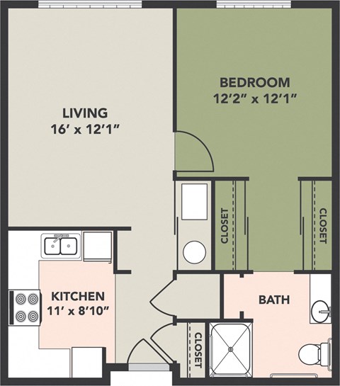 1 Bedroom, 1 Bath, Floorplan A