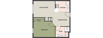 A floor plan of a house with a living room, kitchen, dining room, bedroom and bathroom.