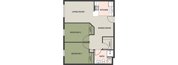 A floor plan of a small apartment with two bedrooms, a living room, a kitchen, a dining room, and a bathroom.