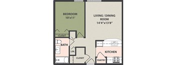A floor plan of a living space with a bedroom, living/dining room, kitchen, and pantry.