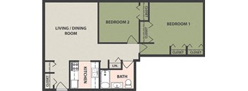 A floor plan of a small apartment with two bedrooms, a living/dining room, a kitchen, and a bathroom.