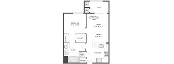 A floor plan of a small apartment with a bedroom, living room, kitchen, and bathroom.