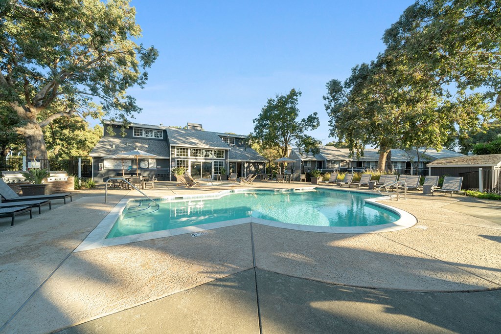 Refreshing swimming pool and lounge chairs at Bay Village, Vallejo, California