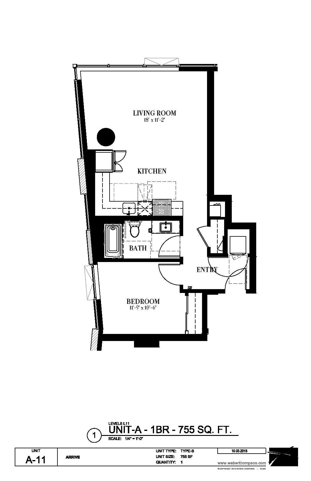 A drawing of a floor plan for an apartment named Unit A-1 BR.
