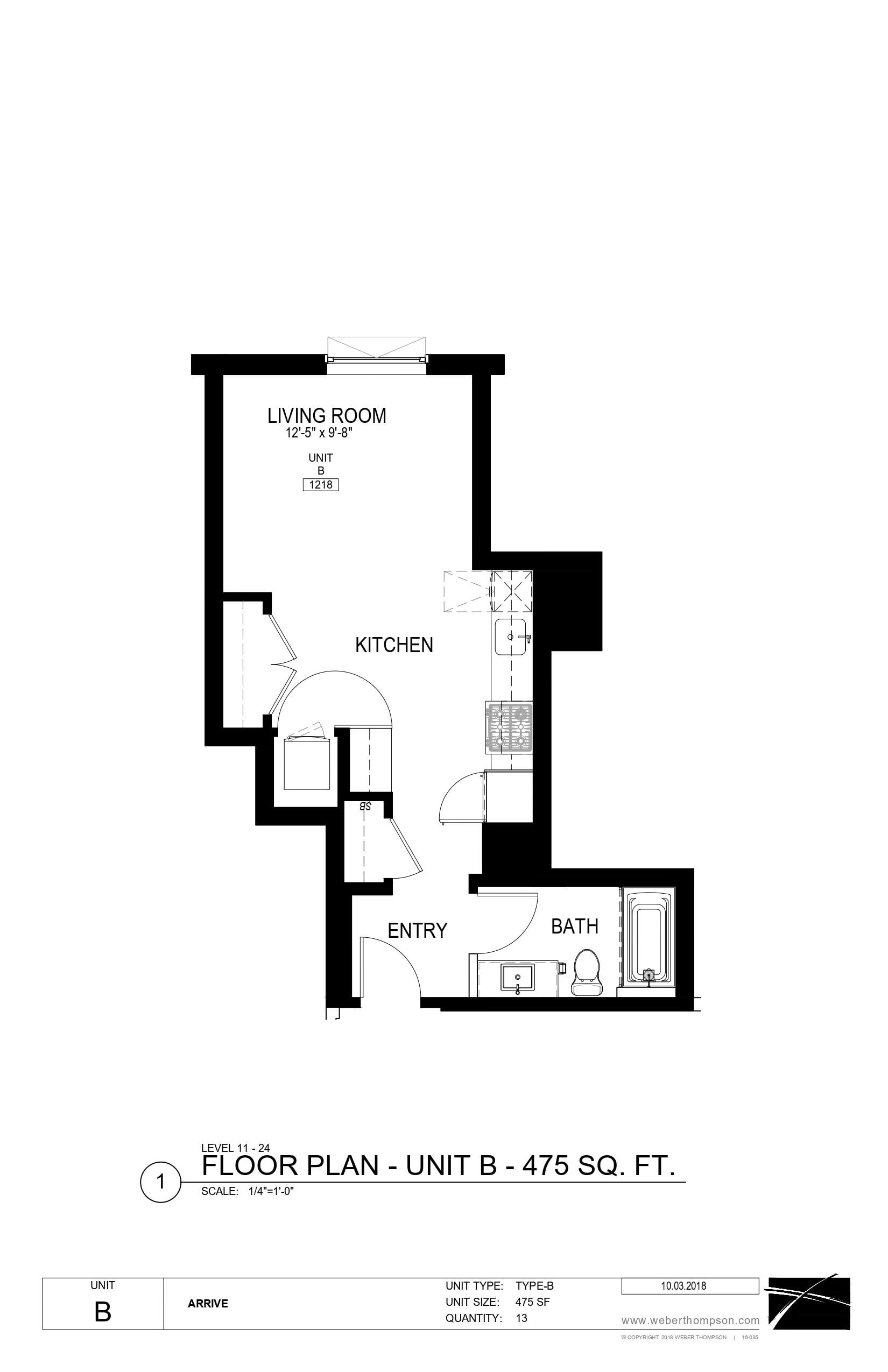 A black and white image of a floor plan for a 475 square foot unit.