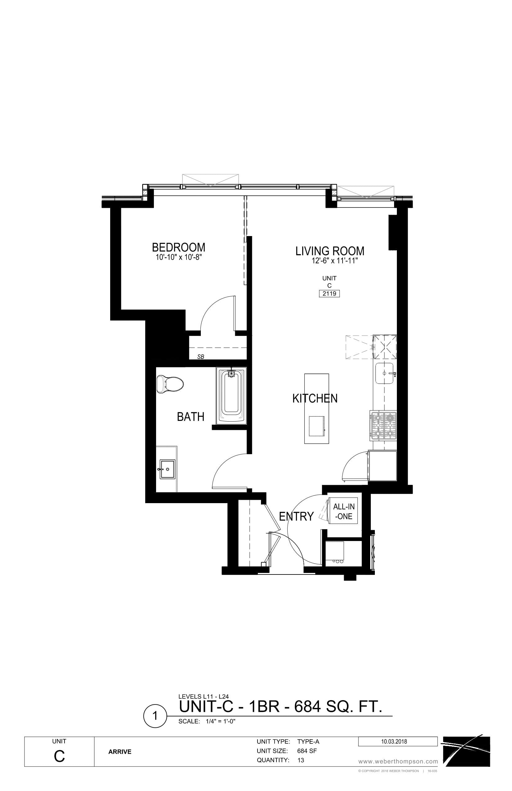 A black and white image of a floor plan for a one bedroom apartment.