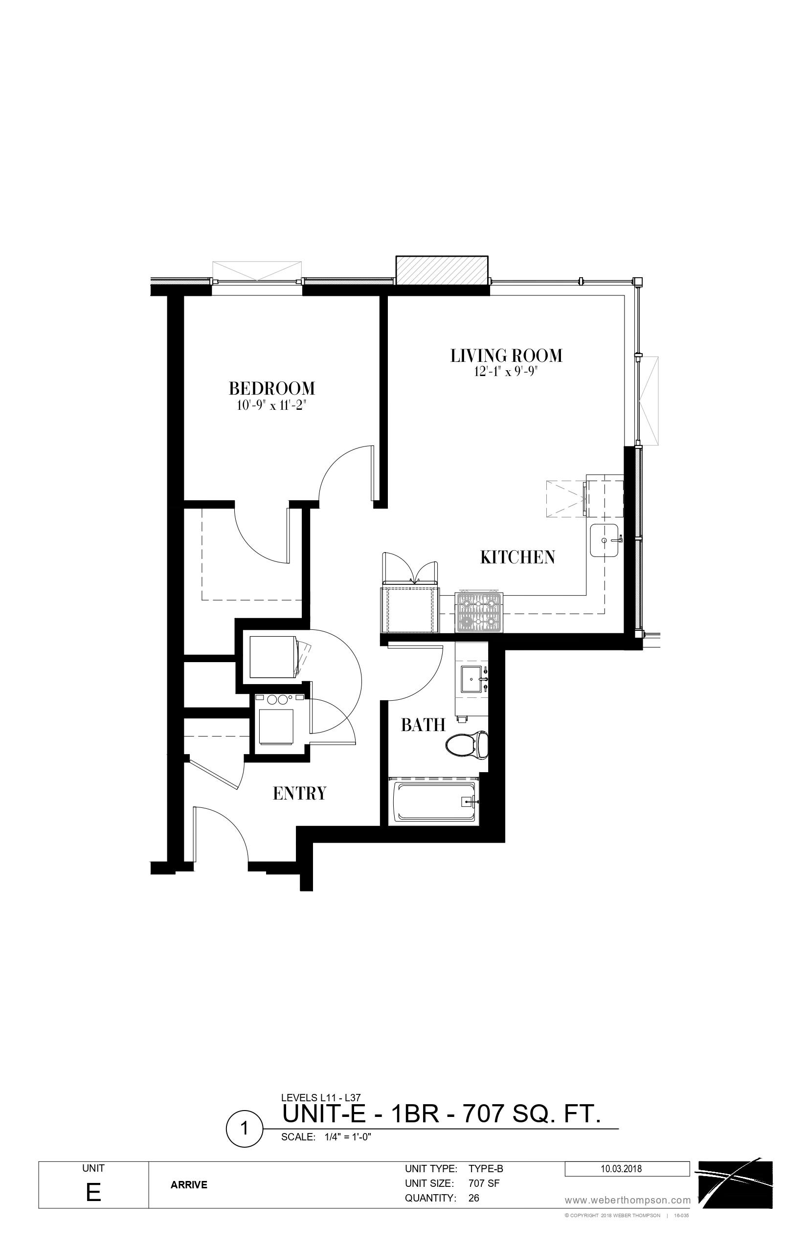 A black and white image of a floor plan for a unit called E.