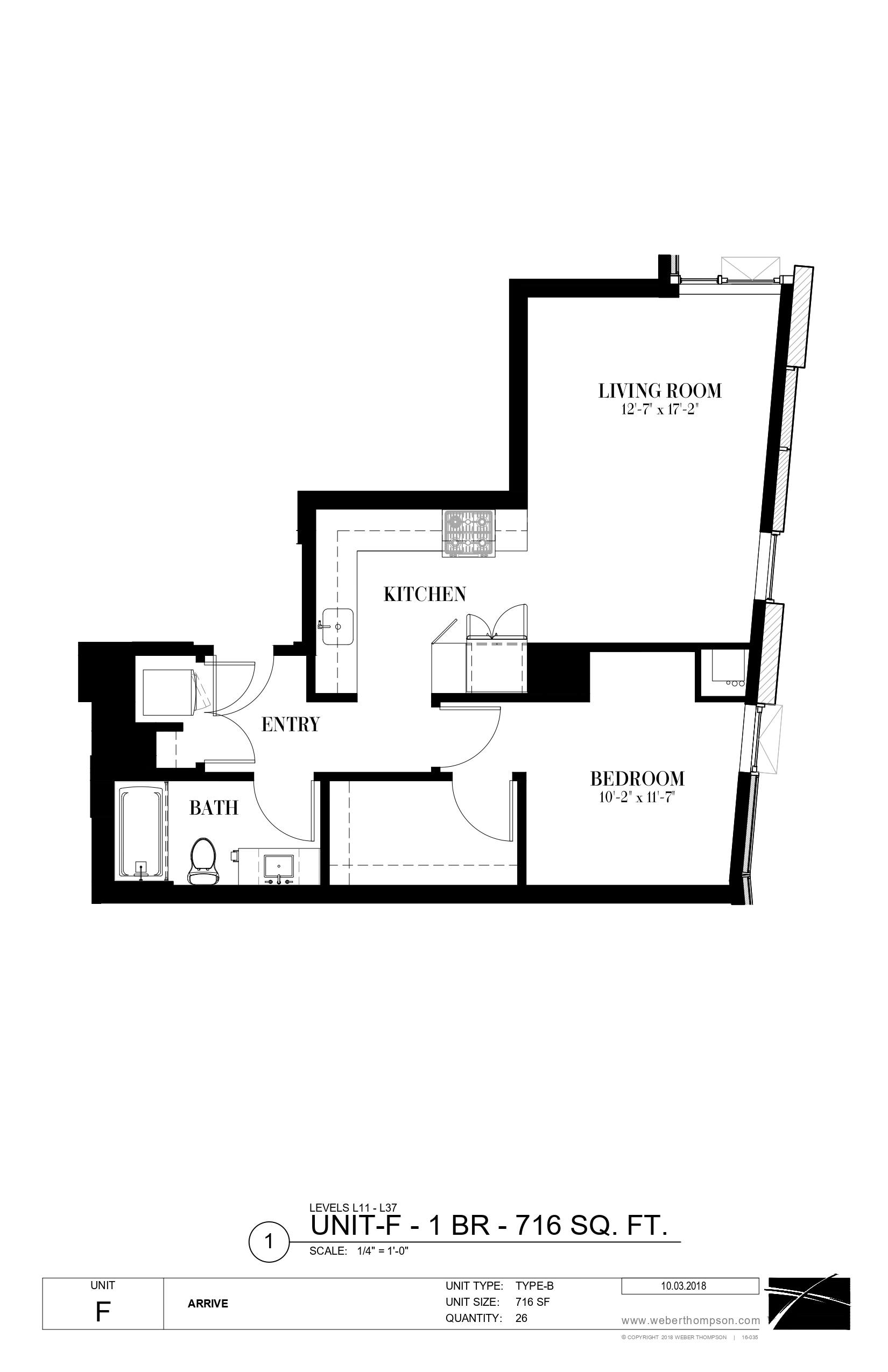 A black and white image of a floor plan for a 1 BR apartment.