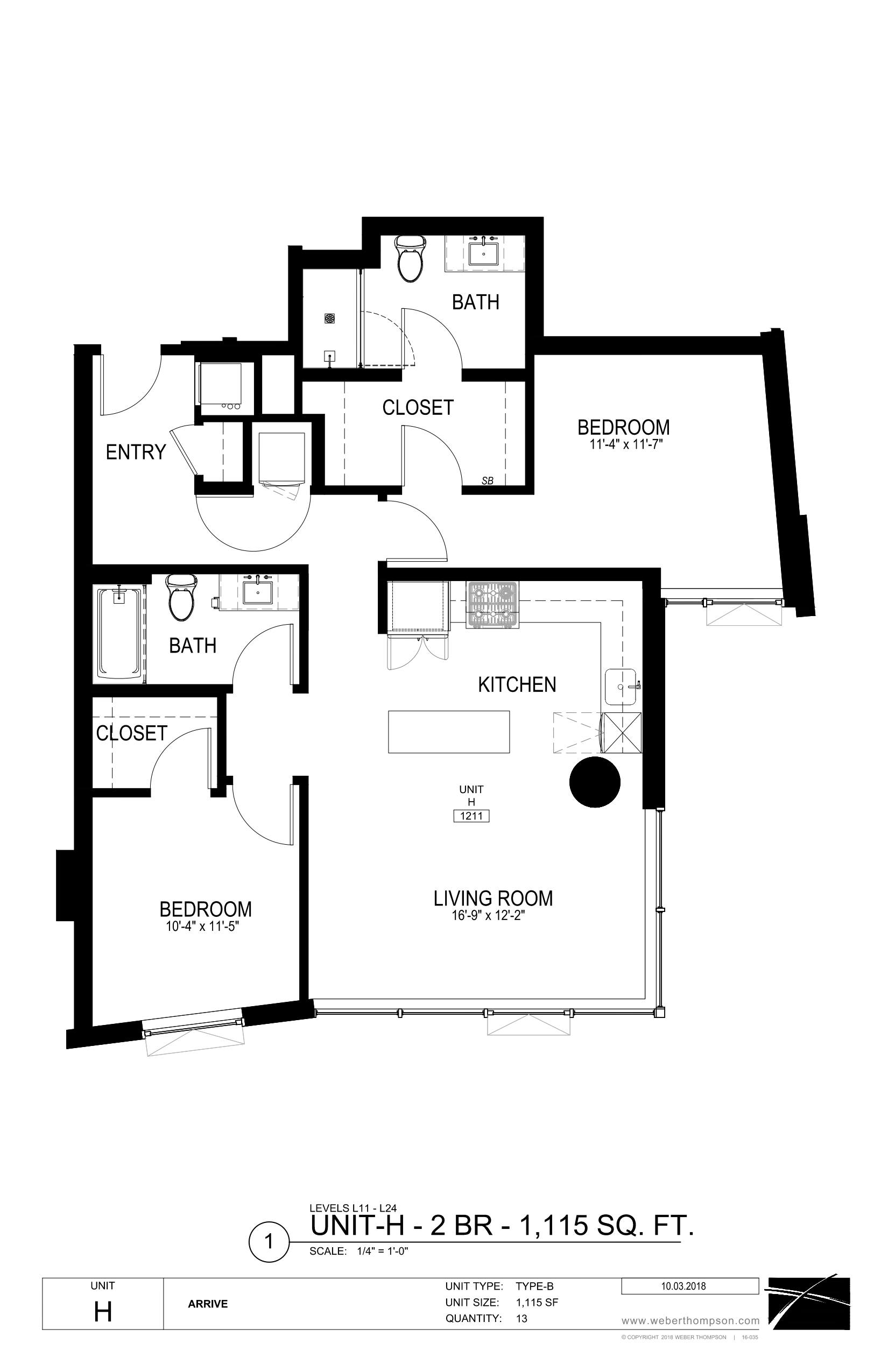 A floor plan for a home with a living room, kitchen, two bedrooms, and two bathrooms.