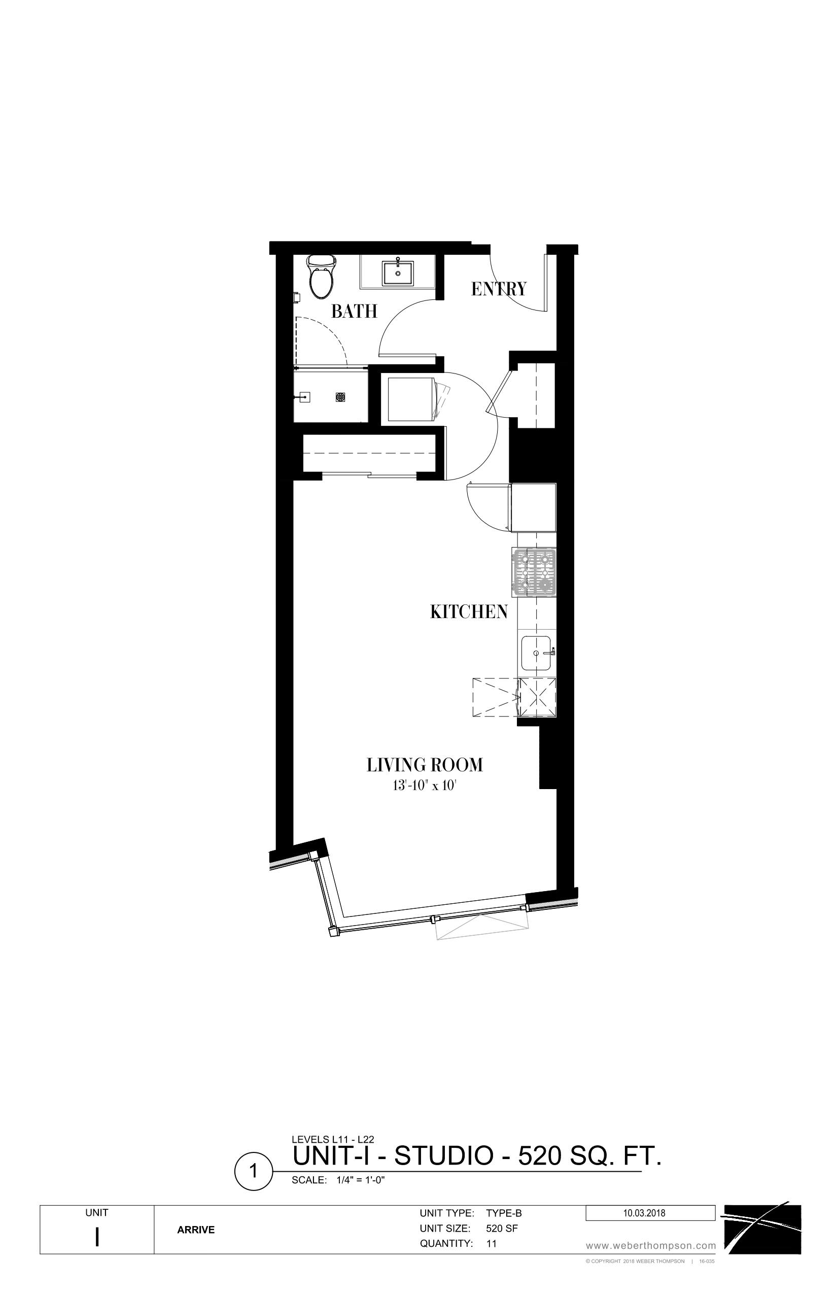 A floor plan for a 520 square foot studio apartment.