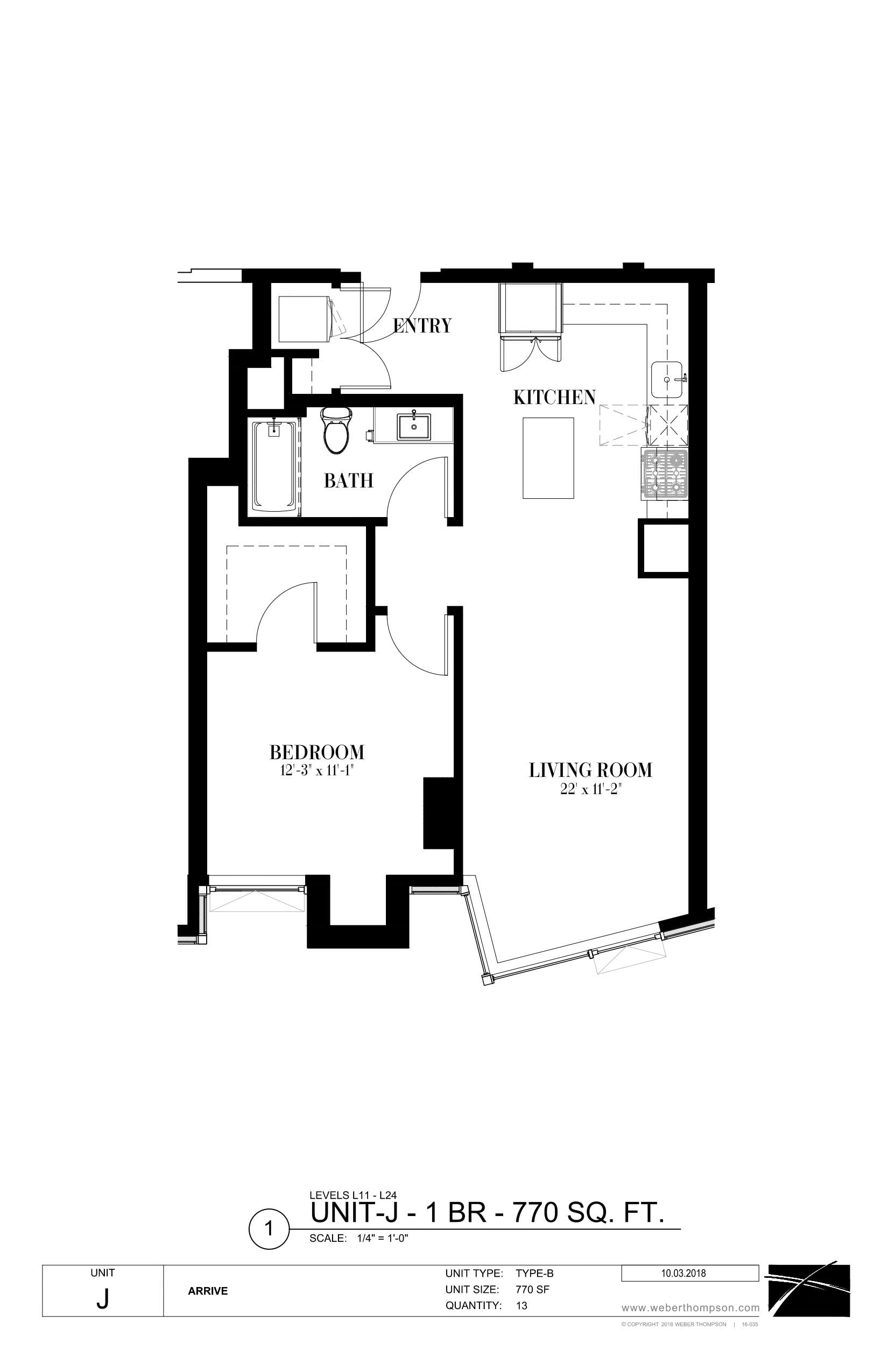 A black and white image of a floor plan for a one-bedroom apartment.