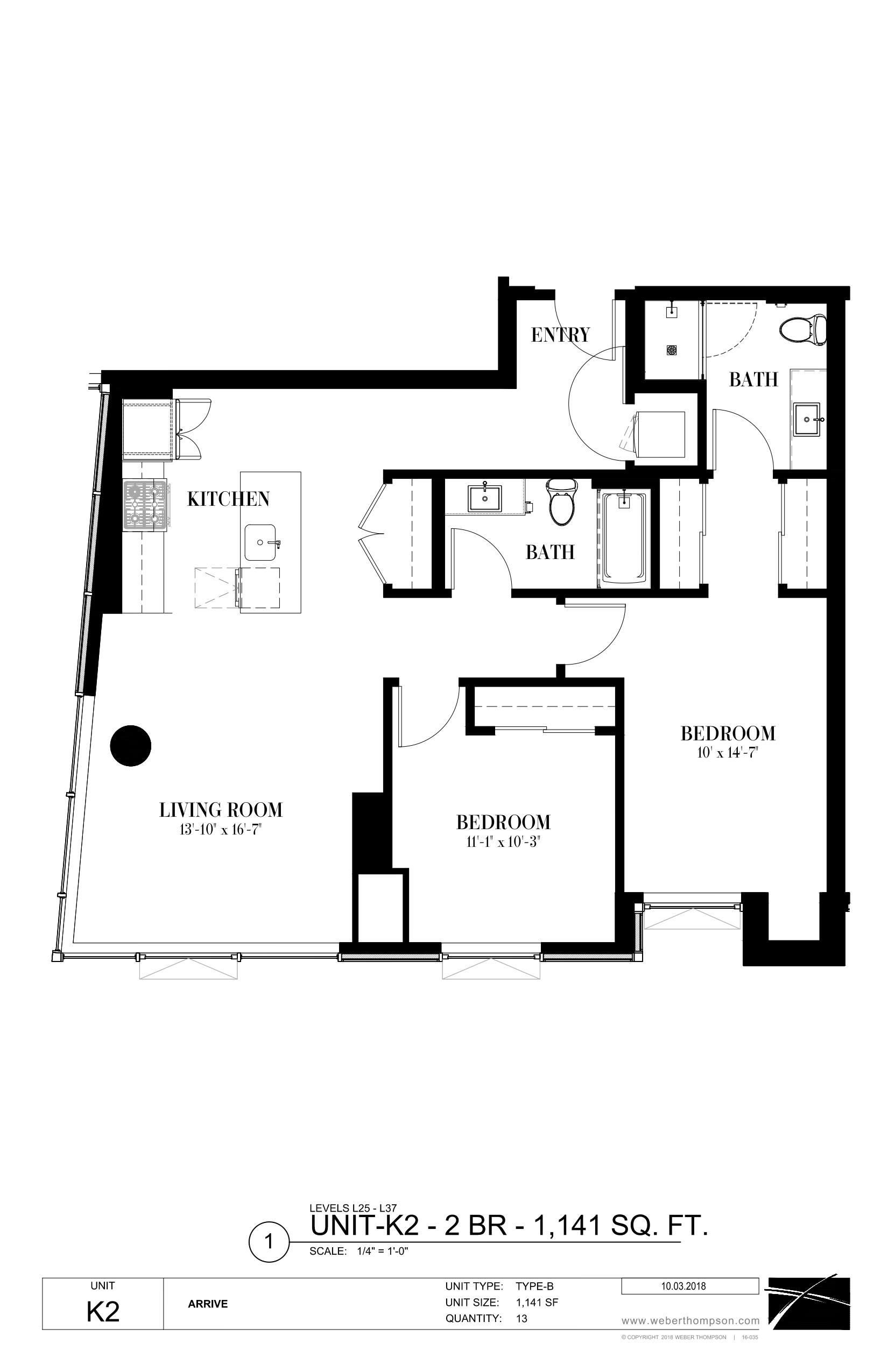 A floor plan of a two bedroom apartment with a living room, kitchen and two bathrooms.