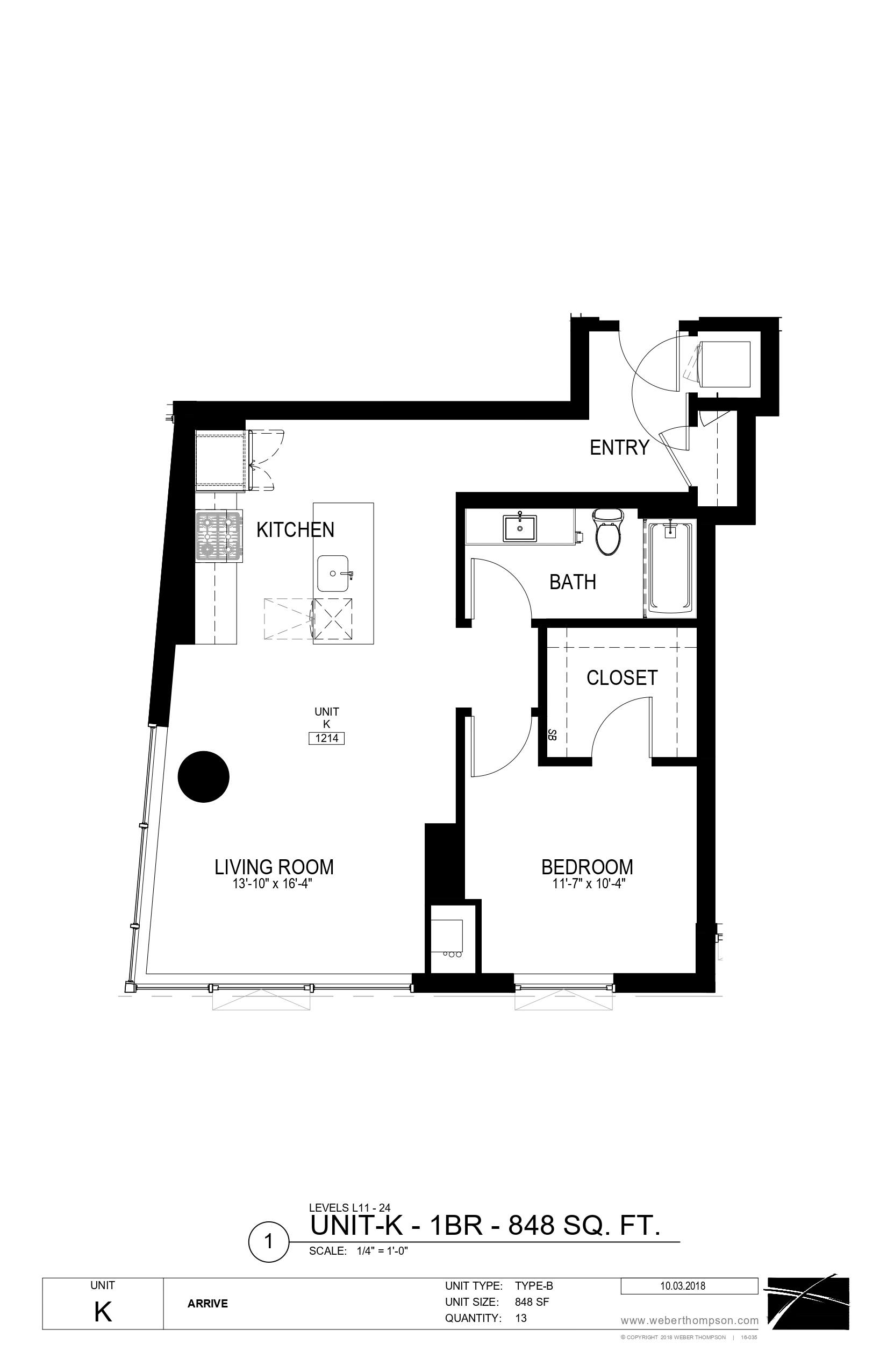 A black and white image of a floor plan for a 848 square foot unit.