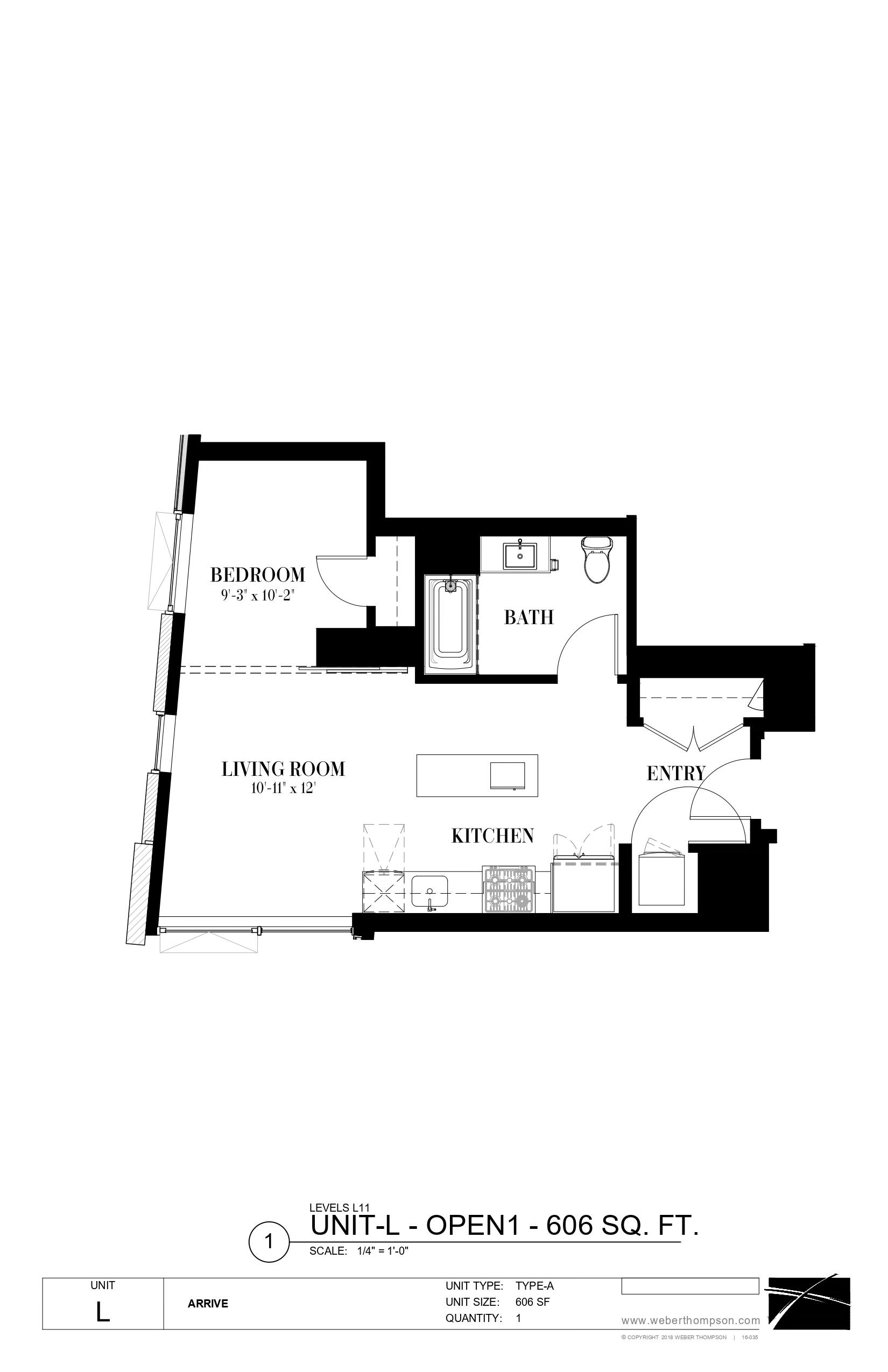 A black and white image of a floor plan for a unit at 606 Sq. Ft.