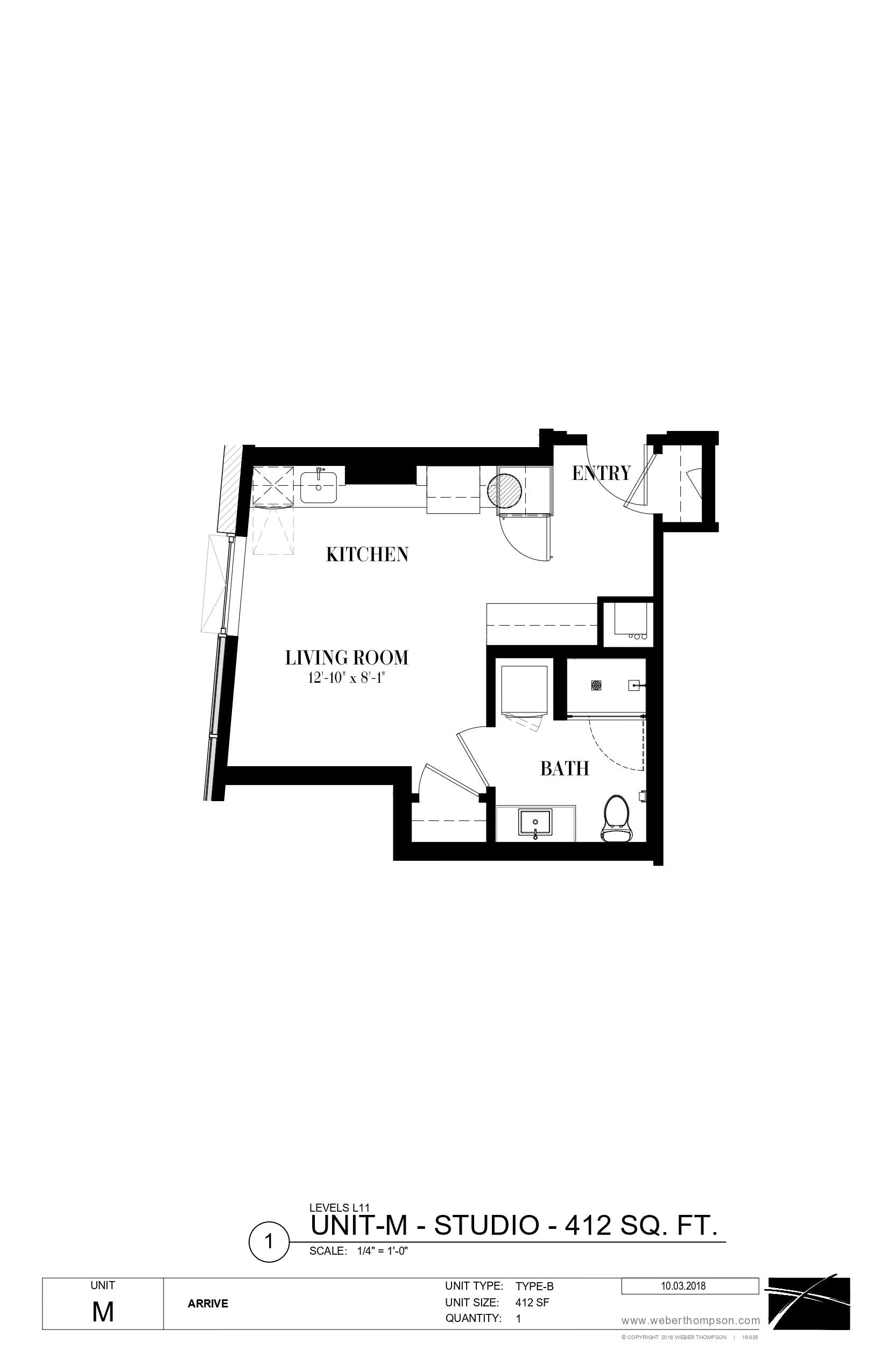 A floor plan for a 412 square foot studio apartment with a living room, kitchen, and bath.