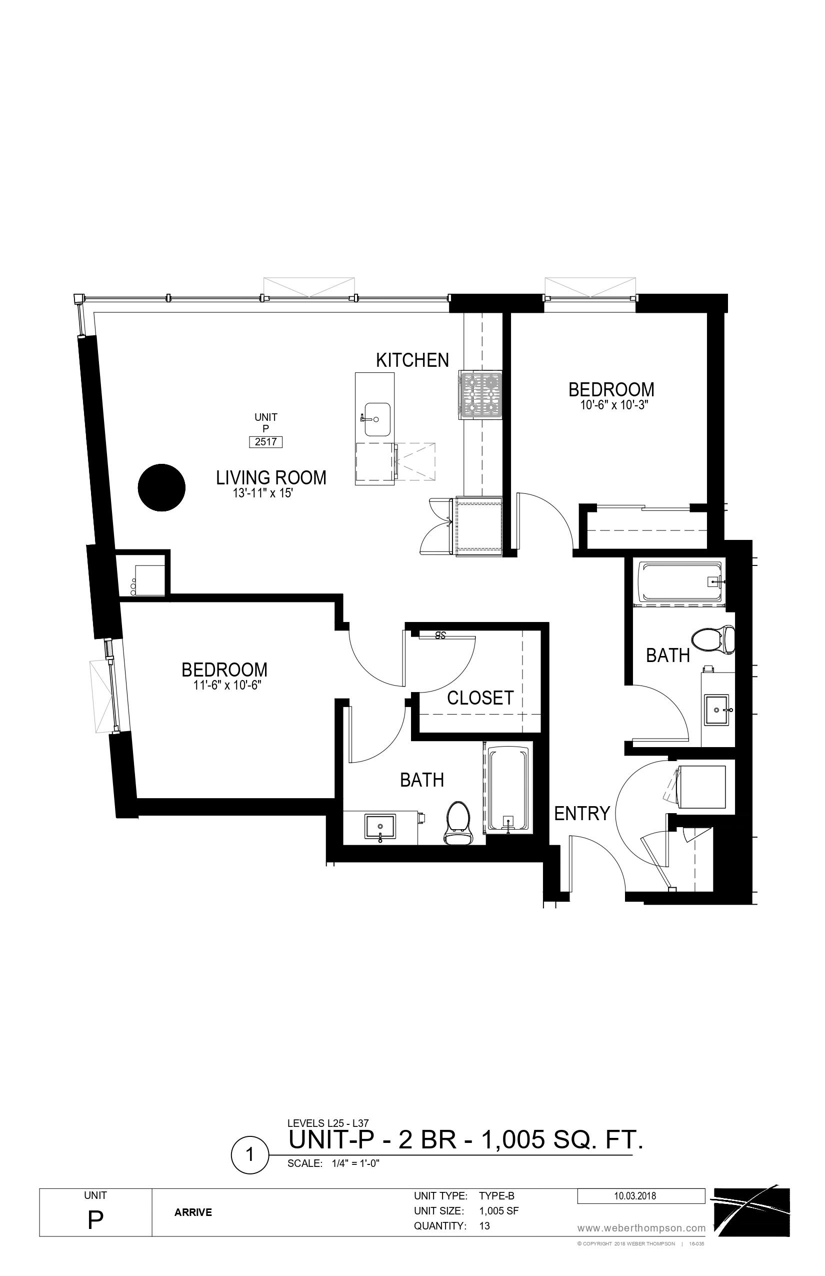 A floor plan of a living space with a kitchen, two bedrooms, a bathroom, and a closet.