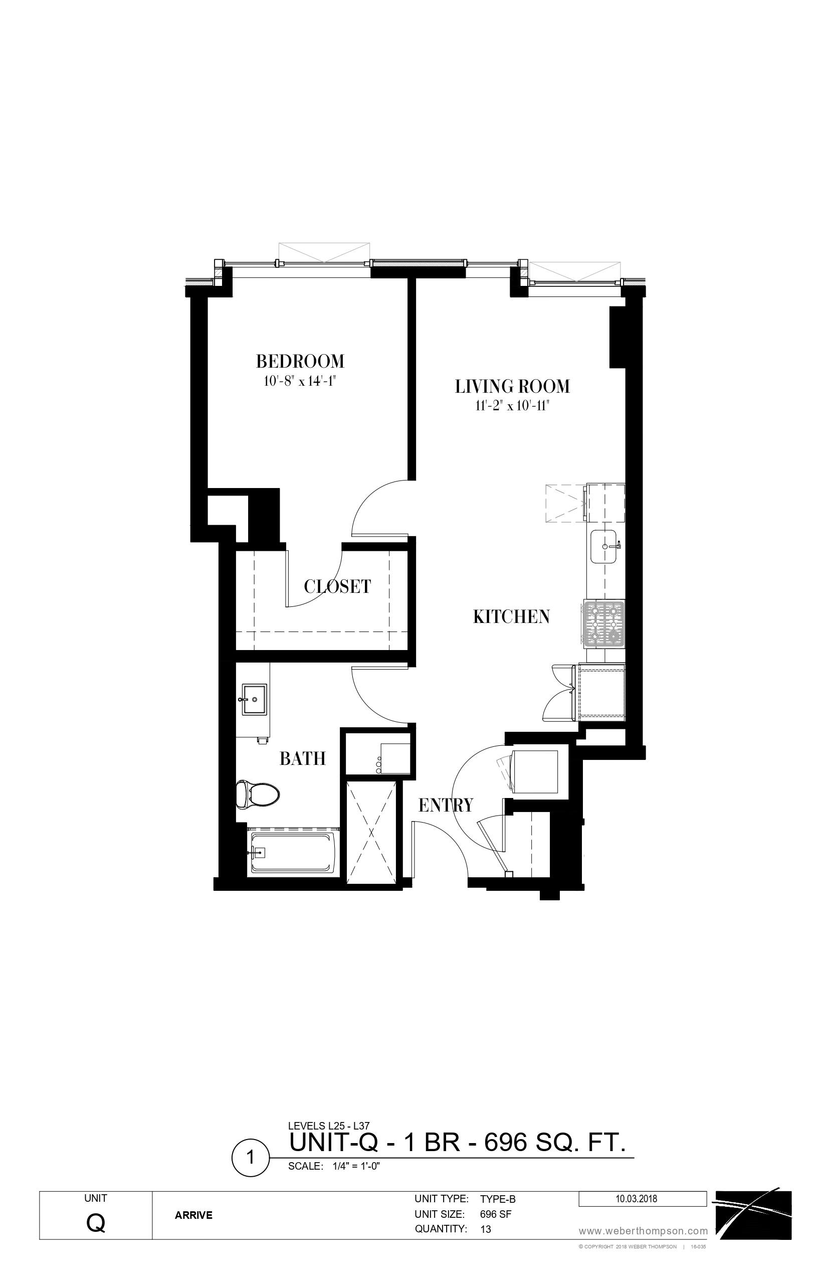 A black and white image of a floor plan for a one bedroom apartment.