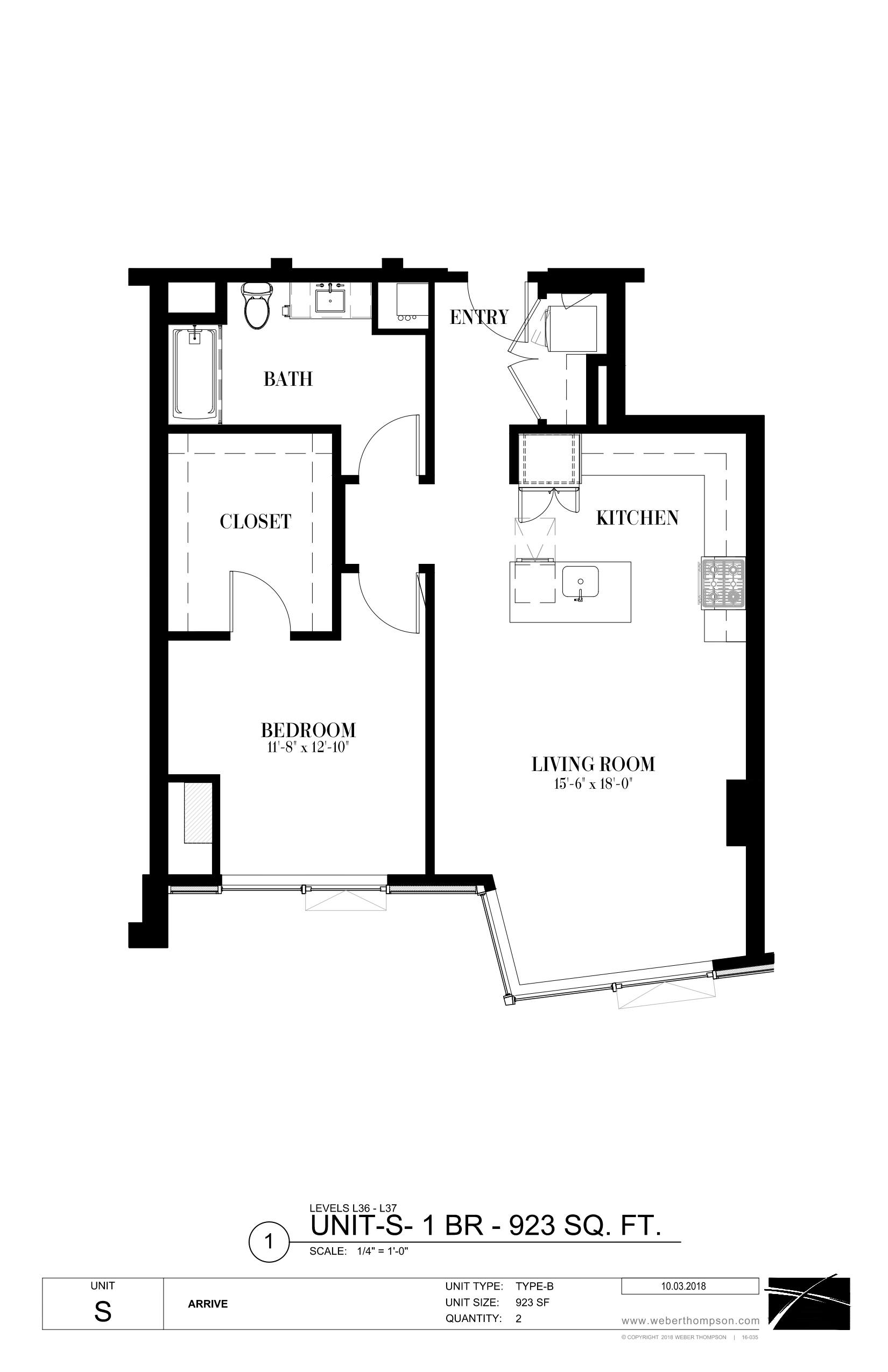 A black and white image of a floor plan for a one bedroom apartment.