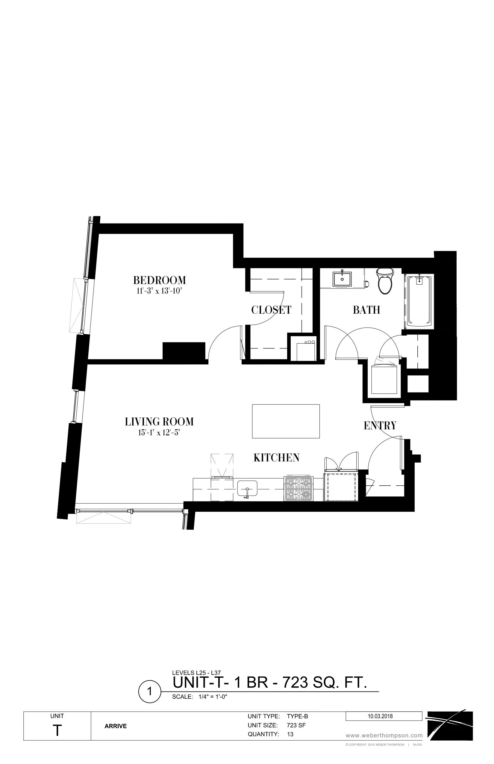 A black and white image of a floor plan for a 723 square foot unit.