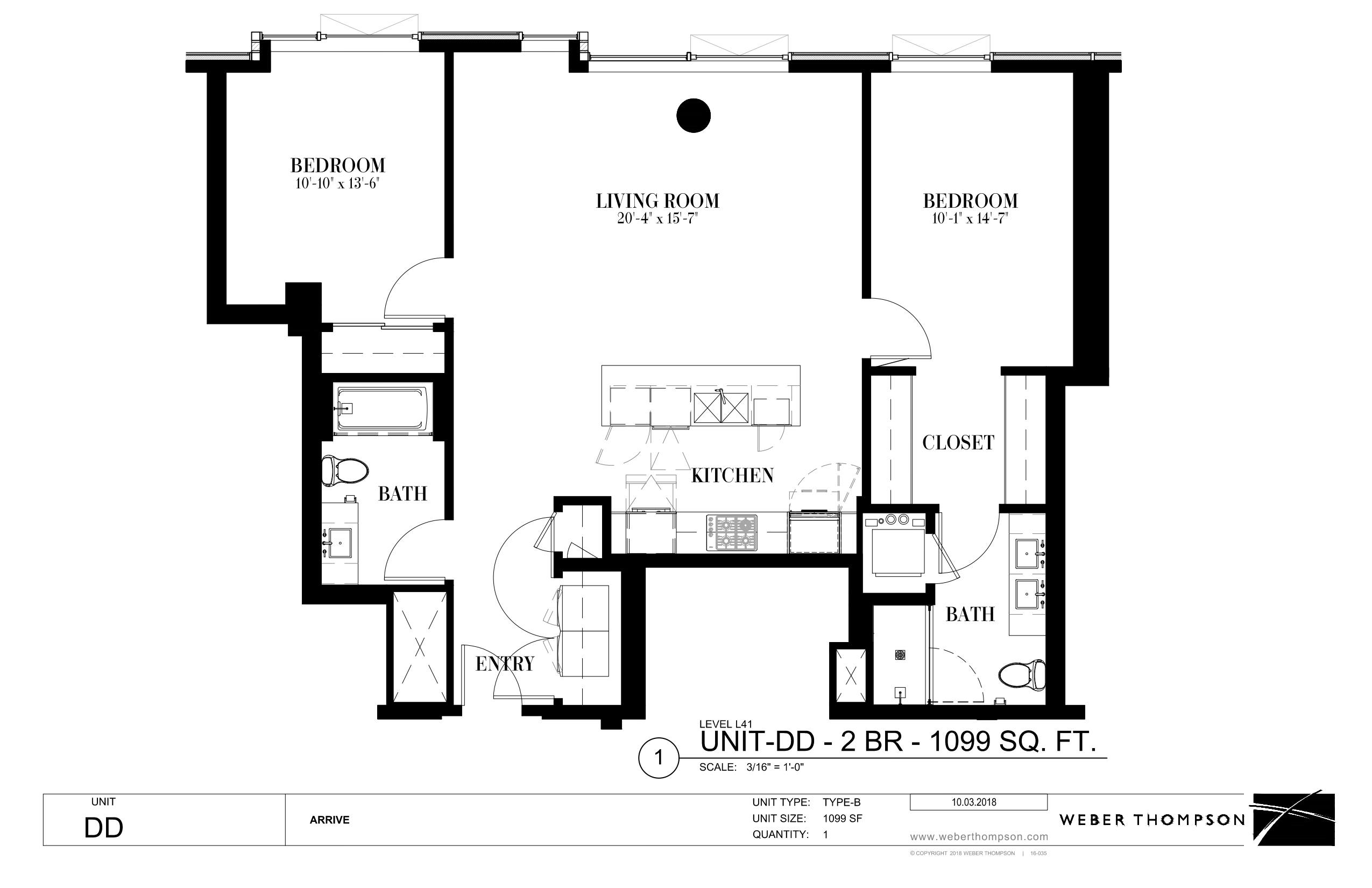A floor plan of a two bedroom apartment with a living room and a kitchen.