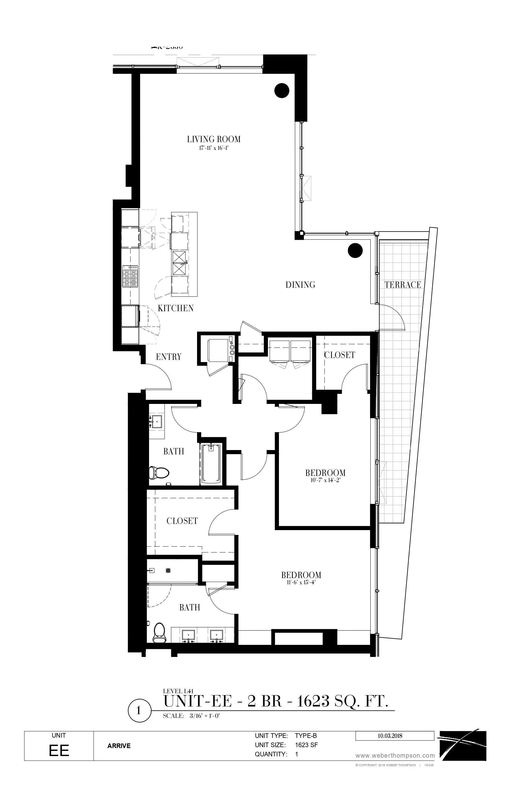 A black and white image of a floor plan for a unit named Unit-EE - 2 BR - 1623 SQ. FT.