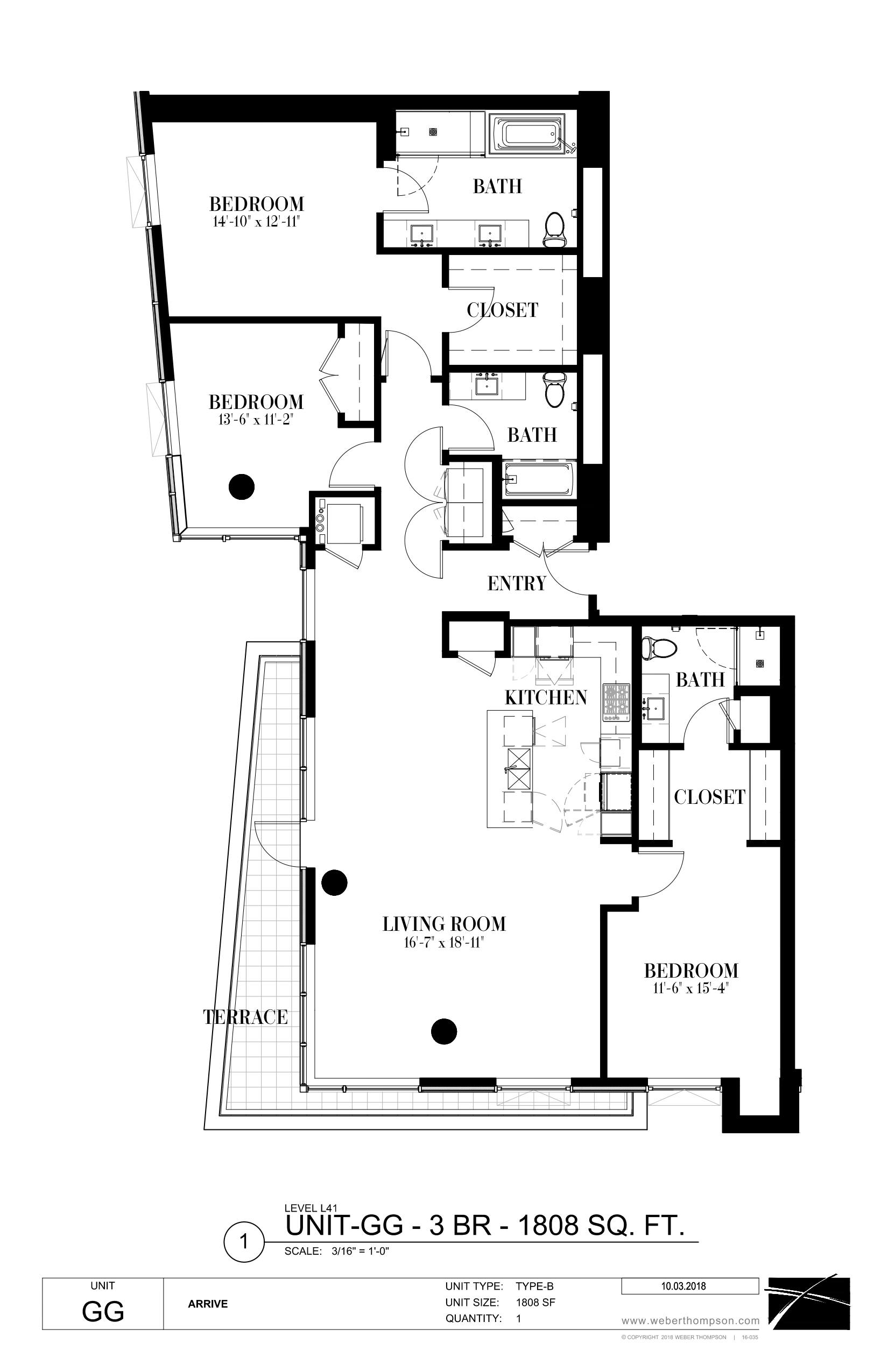 A floor plan of a 3 bedroom, 3 bathroom apartment.
