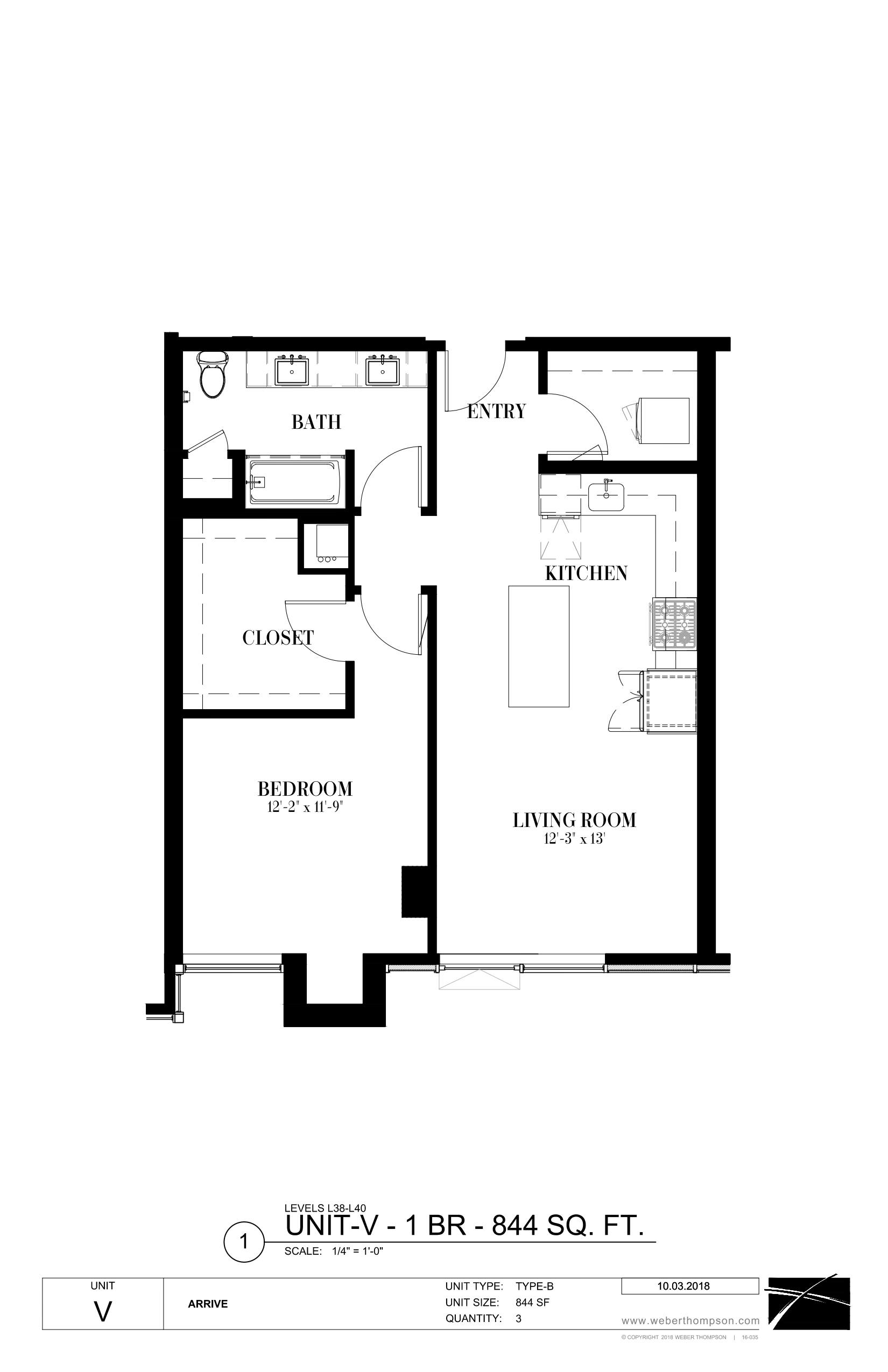 A black and white image of a floor plan for a 1 BR apartment.