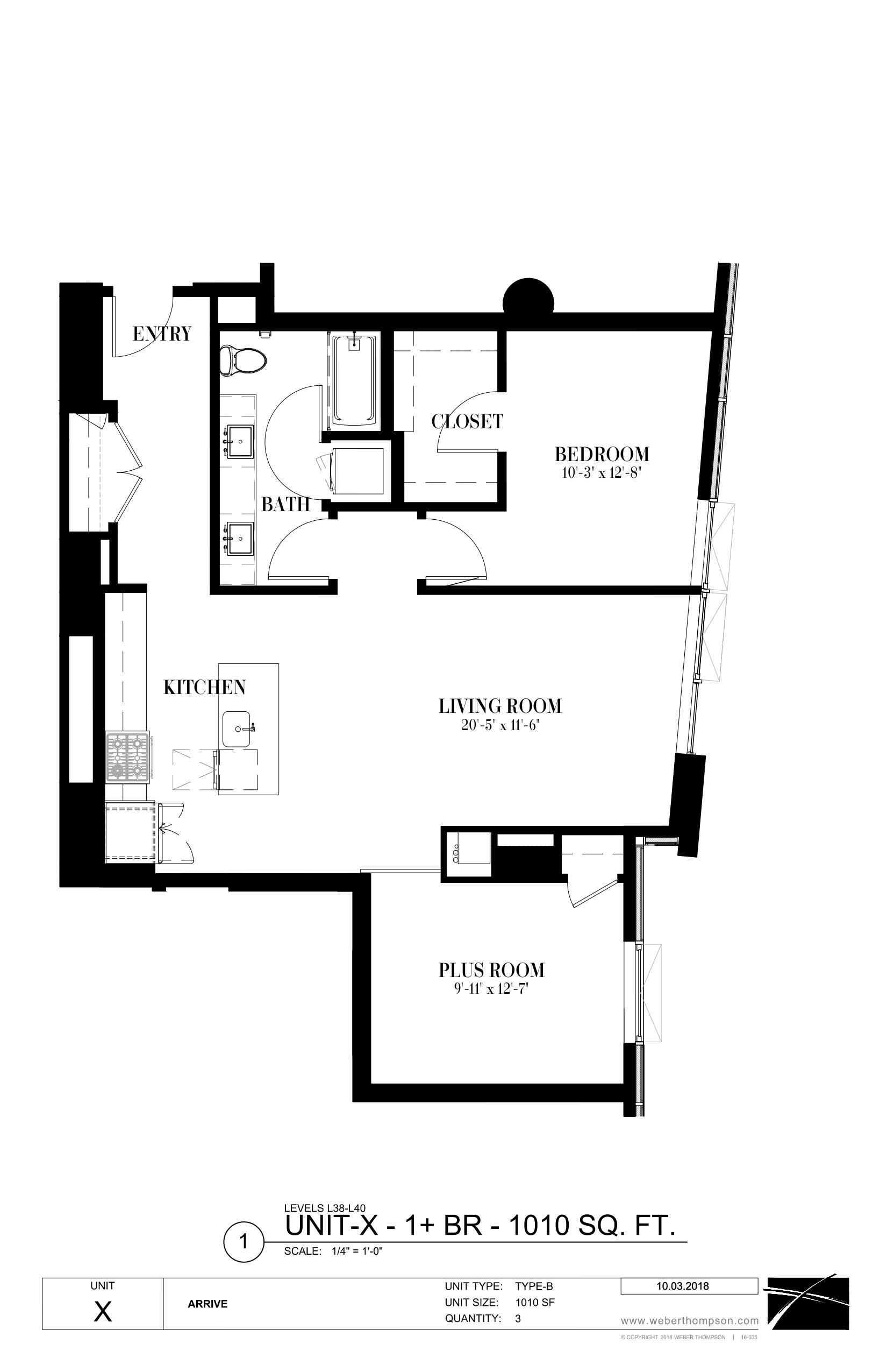 A black and white image of a floor plan for a UNIT-X-1+ BR - 1010 SQ. FT.