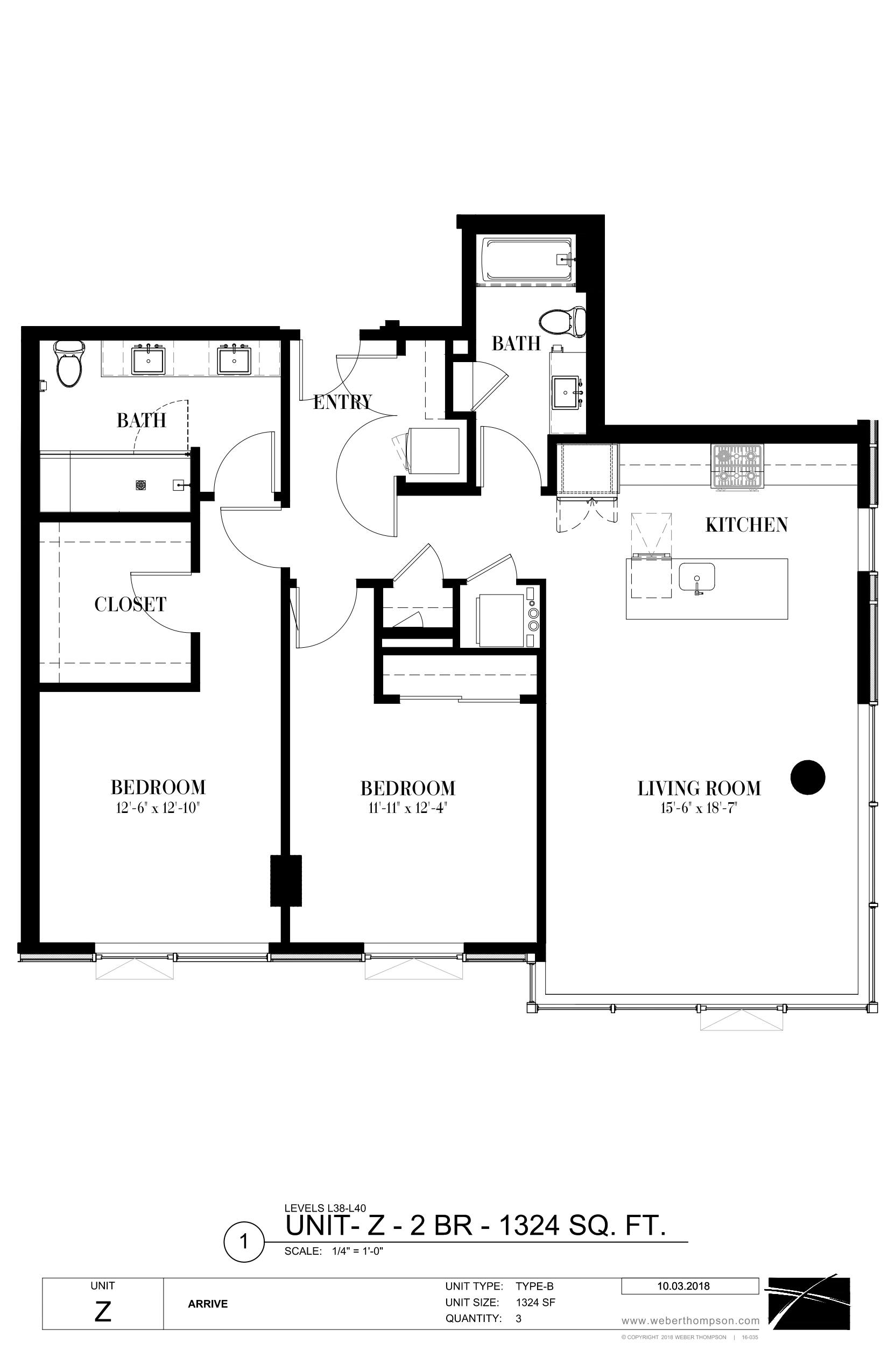 A floor plan of a living space with a kitchen, two bathrooms, two bedrooms, and a living room.