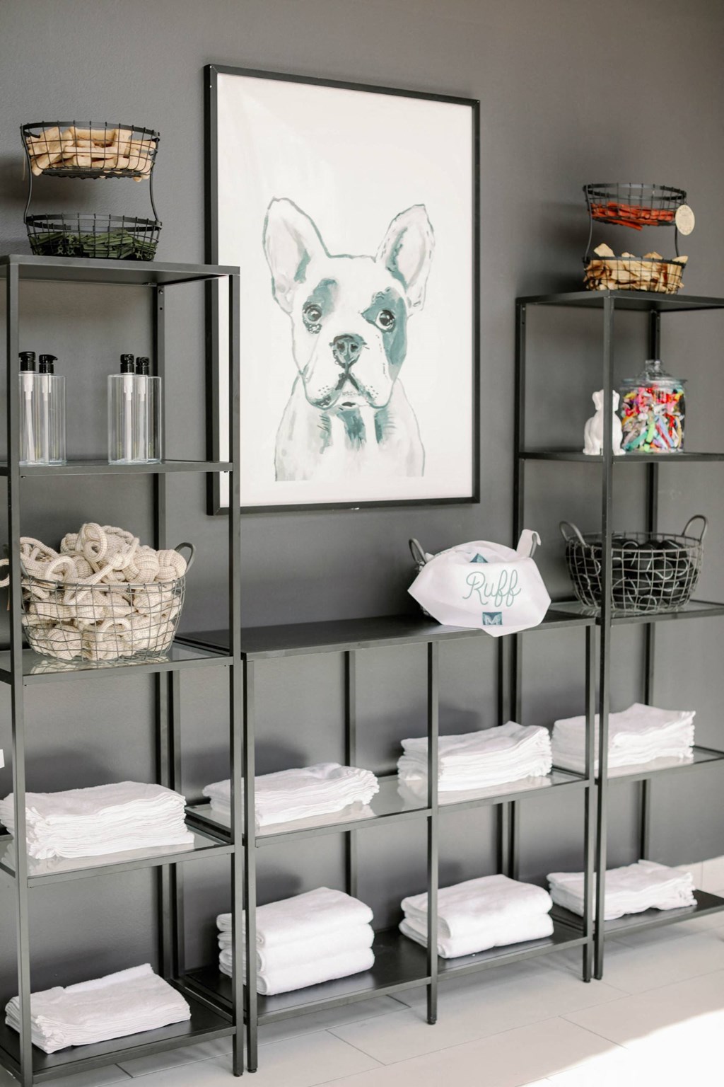 Shelving in the pet spa room with towels and a painting of a dog at The Merchant Apartments, Charleston, SC, 29403