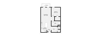A floor plan of an apartment with a living room, kitchen, bathroom, and two bedrooms.