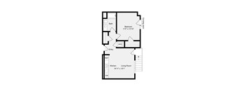 A floor plan of a house with a bath, bedroom, living room, kitchen, and entry.