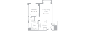 A floor plan of a room with a bedroom, living/dining room, kitchen, and bathroom.