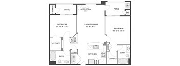 A floor plan of a home with two bedrooms, a living/dining area, a kitchen, two bathrooms, and two patios.