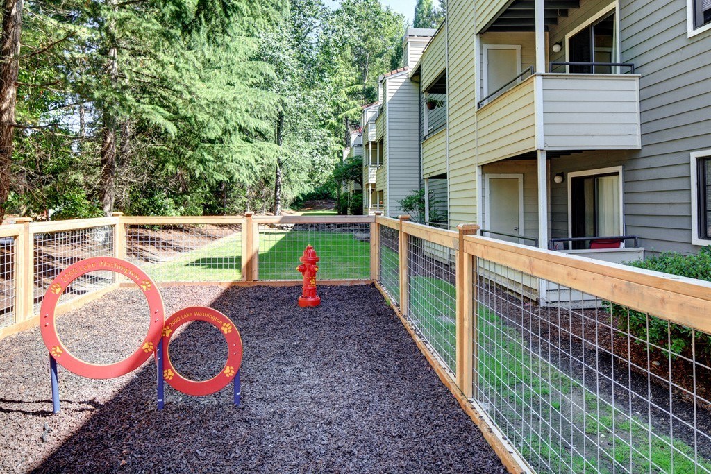 a fenced in pet park play area with a red fire hydrant and agility circles at 2000 Lake Washington Apartments, Renton, Washington