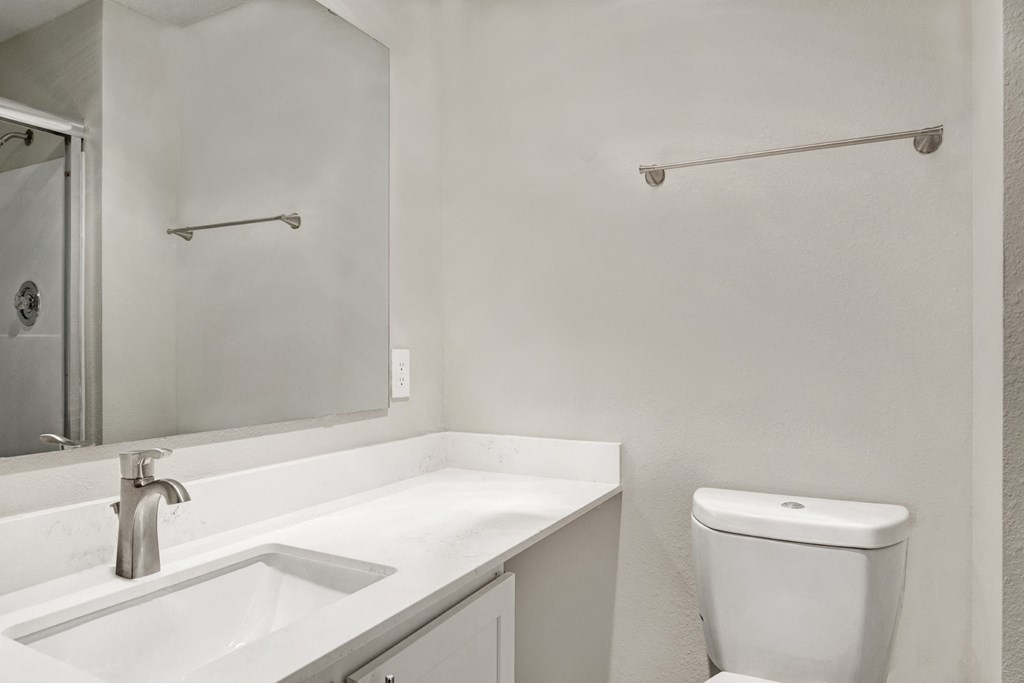 a bathroom with a sink and a toilet and a mirror at 2000 Lake Washington Apartments, Washington, 98056