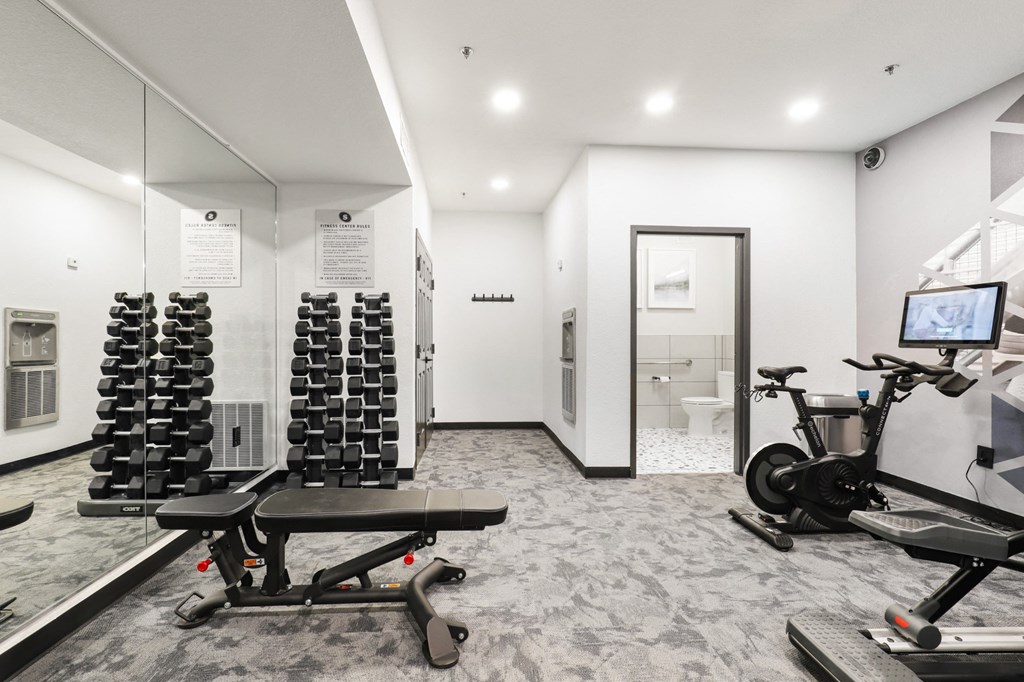 Free weights in the Fitness Center at Switchback on Platte Apartments, Littleton, 80120