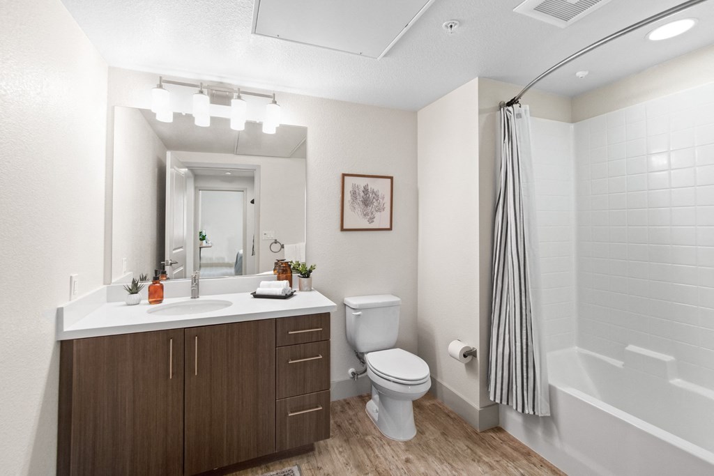 Unit Single Bathroom Vanity and Shower at Aventine Apartments in Hercules, CA 94547
