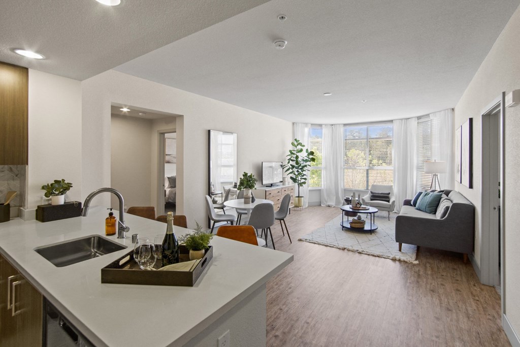 Unit Kitchen and Living Room Space at Aventine Apartments in Hercules, CA 94547