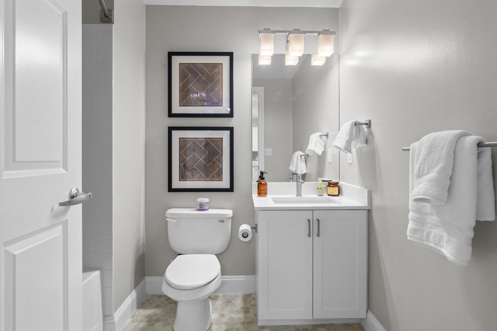 Bright bathroom at The Amelia Apartments in Quincy, MA