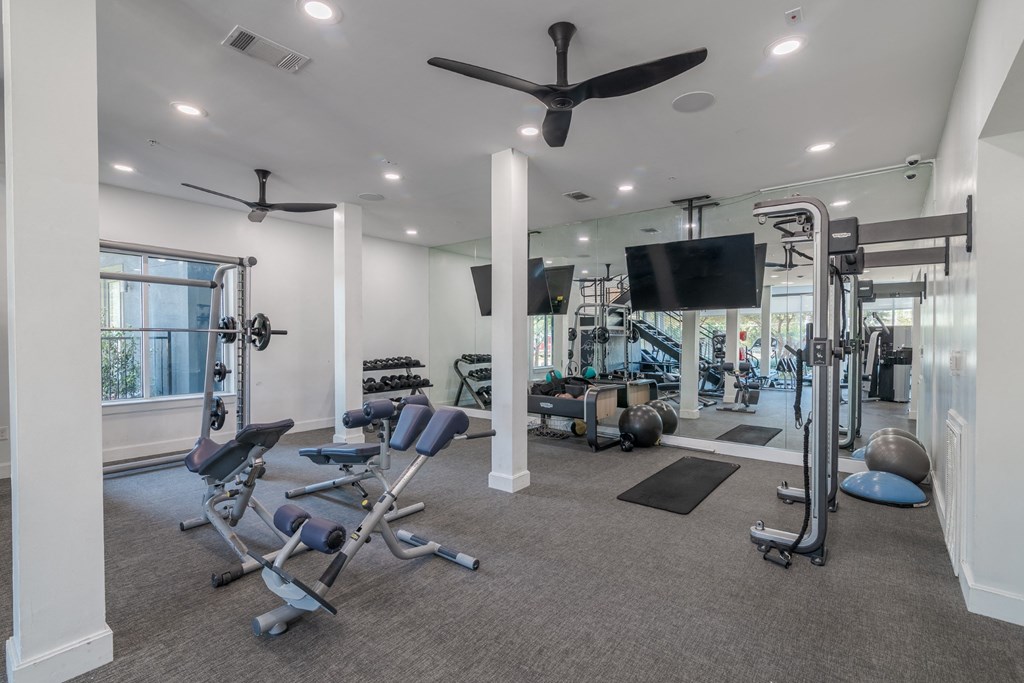 Weight Lifting Equipment in the Fitness Center at Abstract at Design District in Dallas TX, 75207