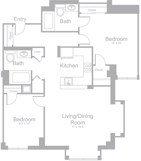 B6 Two Bedroom Two Bath Floor Plan | 1,181 Sq. Ft. at Amelia, Massachusetts