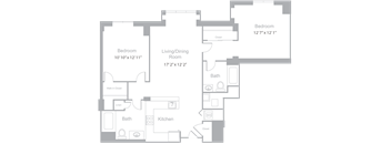 A floor plan of a house with three bedrooms, a living/dining room, a kitchen, a bath, a walk-in closet, and a linen closet.