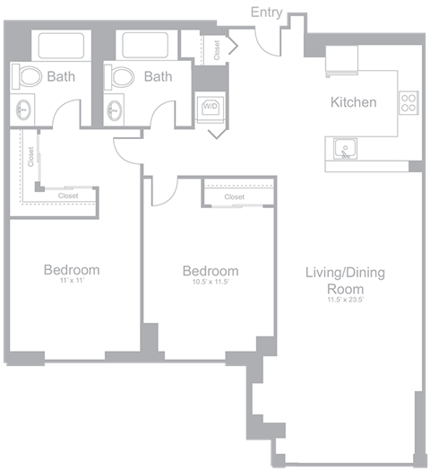B1 Two Bedroom Two Bath Floor Plan | 1,059 Sq. Ft.  at Amelia, Massachusetts, 02169