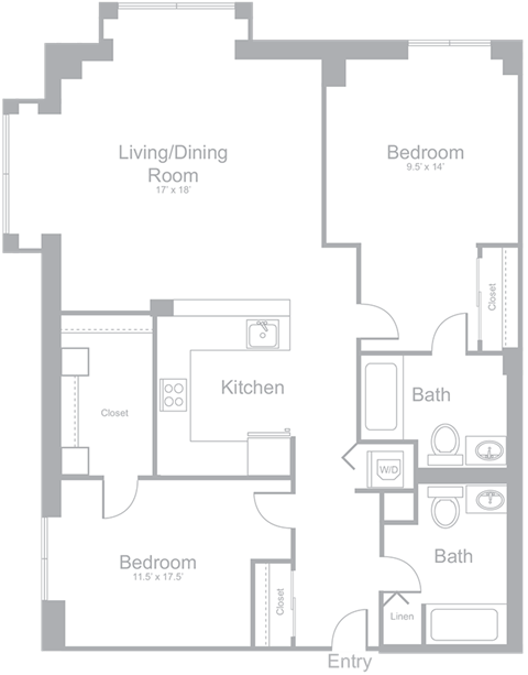 B2 Two Bedroom Two  Bath Floor Plan | 1,081 Sq. Ft. at Amelia, Quincy, MA, 02169